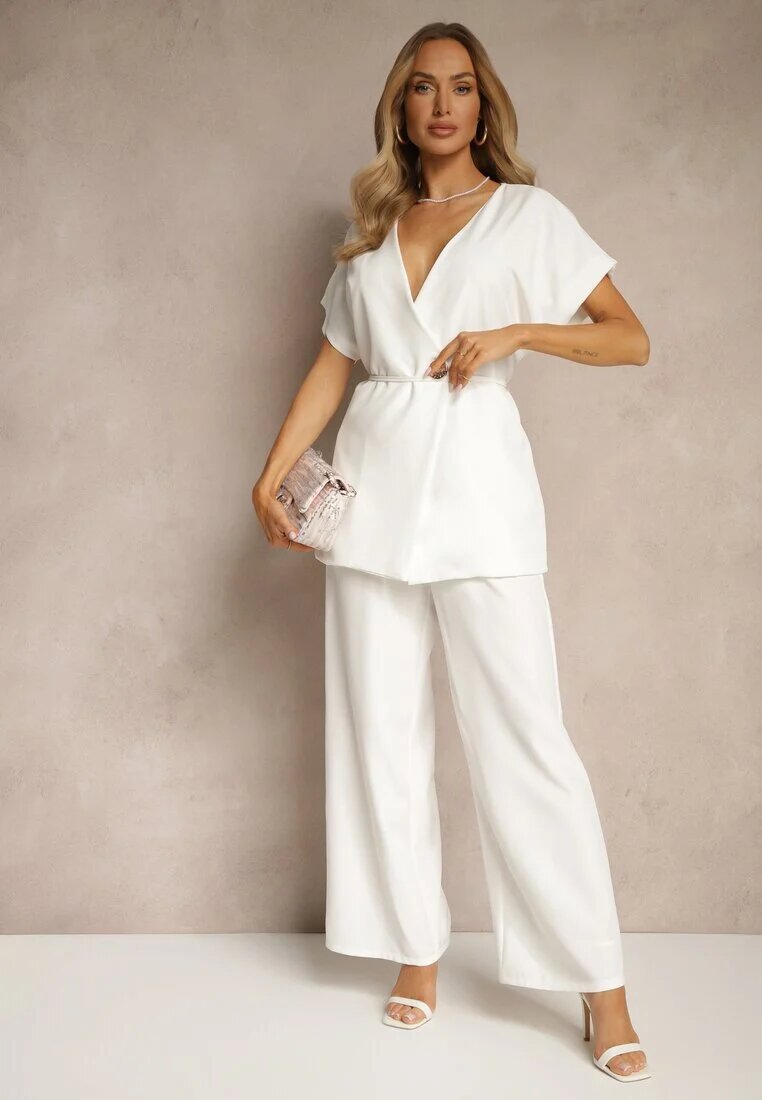 allyson Set de costum Alb Pantaloni largi și Sacou cu curea Solsedi