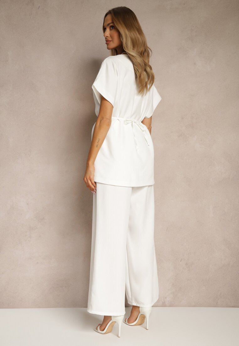 allyson Set de costum Alb Pantaloni largi și Sacou cu curea Solsedi