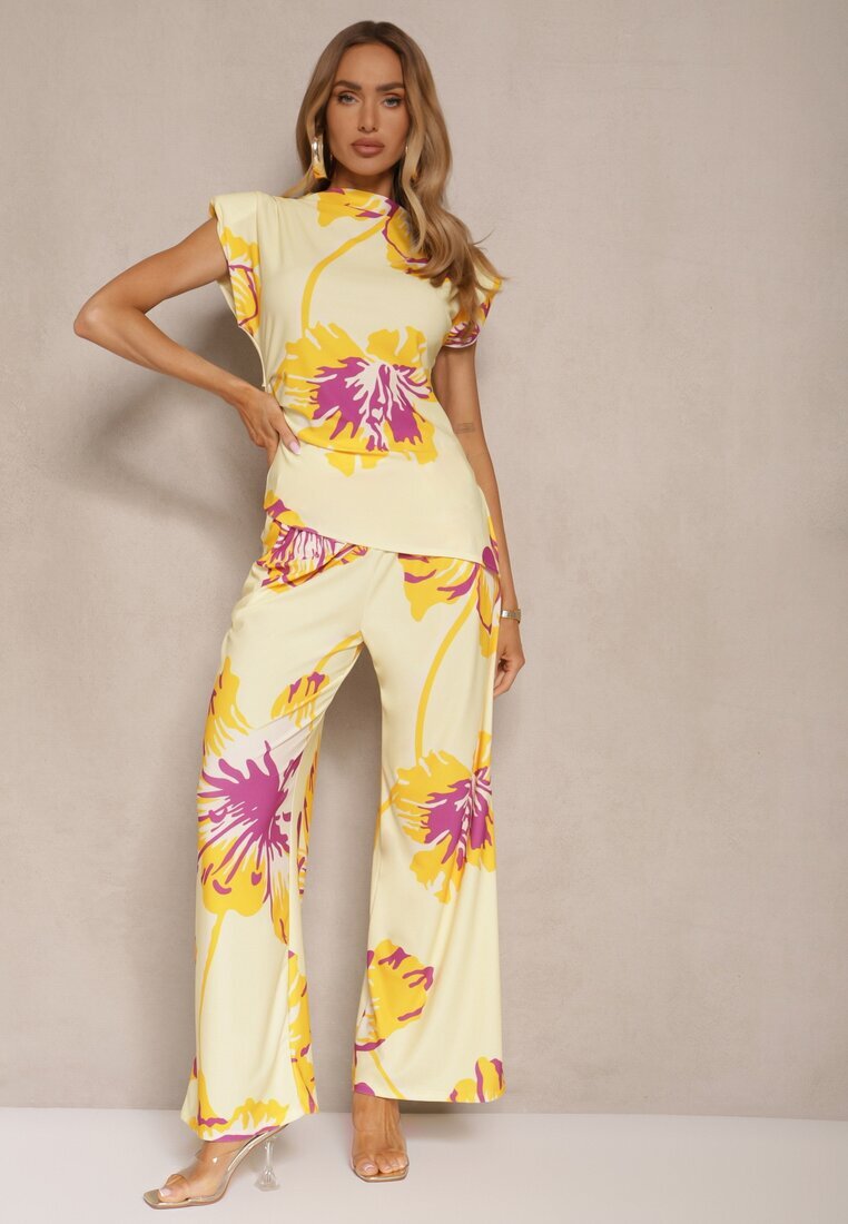 allyson Set Galben Bluză Încrețită cu Croi Asimetric și Pantaloni Largi cu Imprimeu Floral Linidia