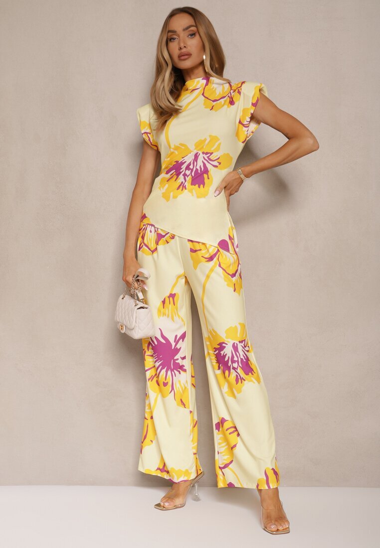 allyson Set Galben Bluză Încrețită cu Croi Asimetric și Pantaloni Largi cu Imprimeu Floral Linidia