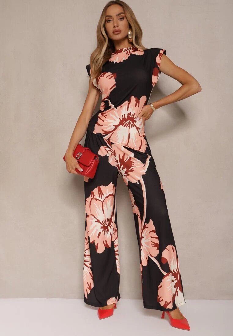 allyson Set Negru Bluză încrețită cu croi asimetric și Pantaloni Largi cu flori Linidia
