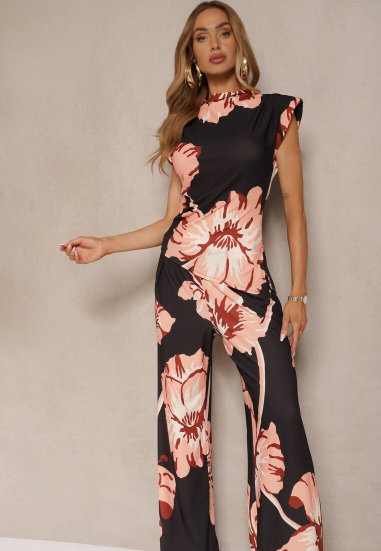 allyson Set Negru Bluză încrețită cu croi asimetric și Pantaloni Largi cu flori Linidia