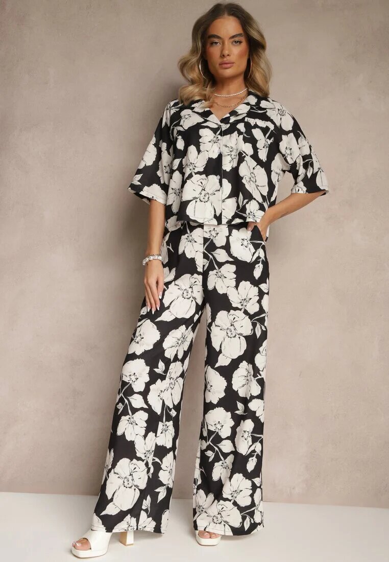 allyson Set Negru cu Imprimeu Floral Cămașă cu Mânecă Scurtă și Pantaloni Largi Revanae
