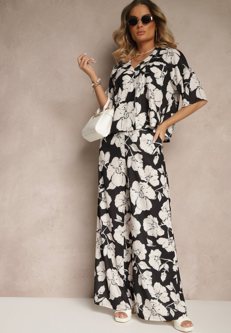 allyson Set Negru cu Imprimeu Floral Cămașă cu Mânecă Scurtă și Pantaloni Largi Revanae