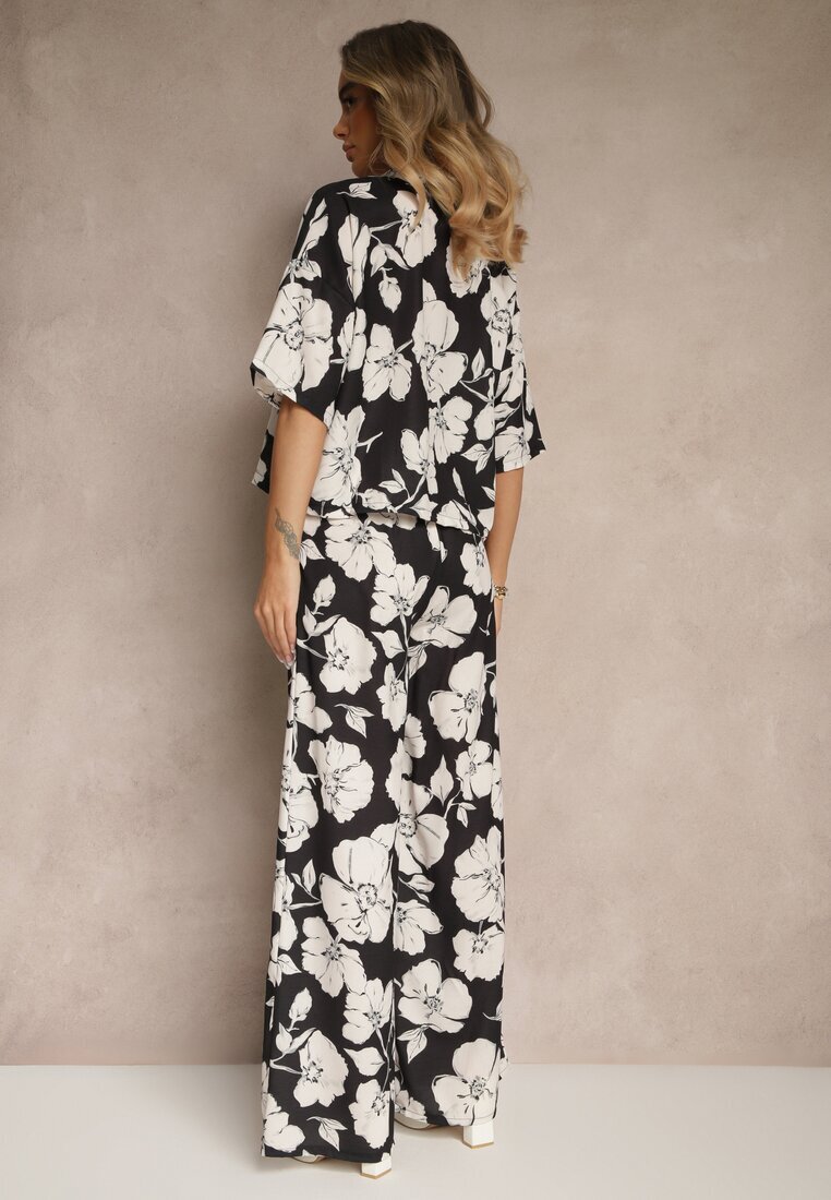 allyson Set Negru cu Imprimeu Floral Cămașă cu Mânecă Scurtă și Pantaloni Largi Revanae