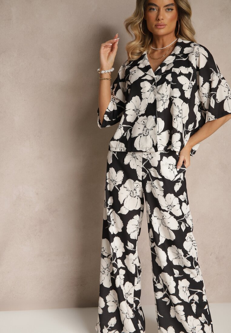 allyson Set Negru cu Imprimeu Floral Cămașă cu Mânecă Scurtă și Pantaloni Largi Revanae