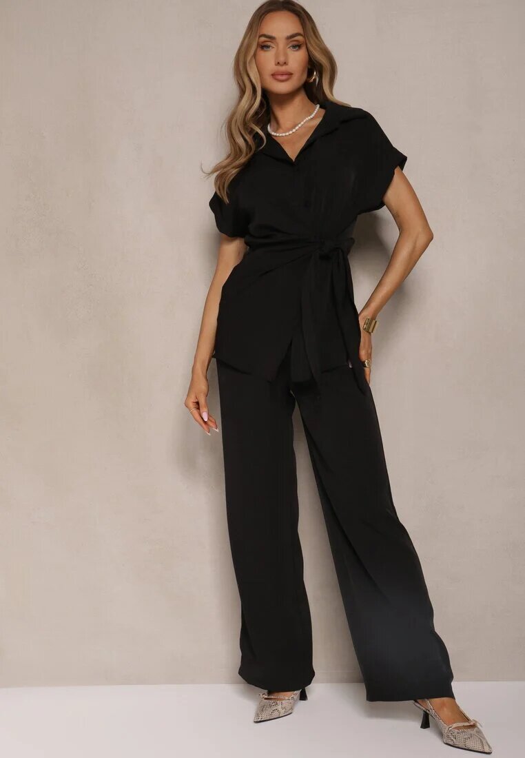 allyson Set Negru cu Pantaloni largi și Cămașă cu Legătură Decorativă Filaniella