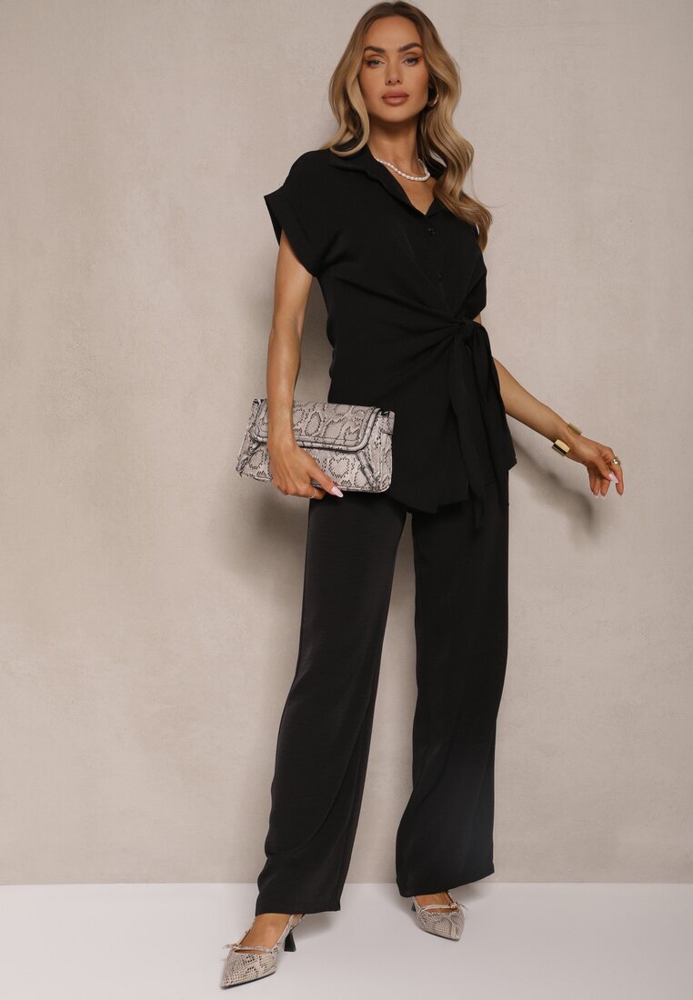 allyson Set Negru cu Pantaloni largi și Cămașă cu Legătură Decorativă Filaniella