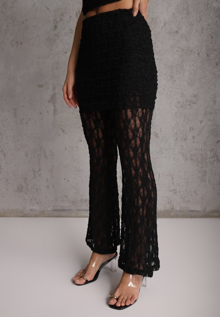 allyson Set Negru din Dantelă Top Halter și Pantaloni Decorați cu Fustă Integrată Celanix