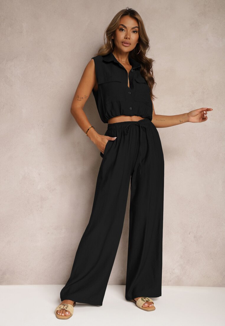 allyson Set Negru din Viscoză Pantaloni cu croială largă cu elastic în talie Bluză cu buzunare Risellesma