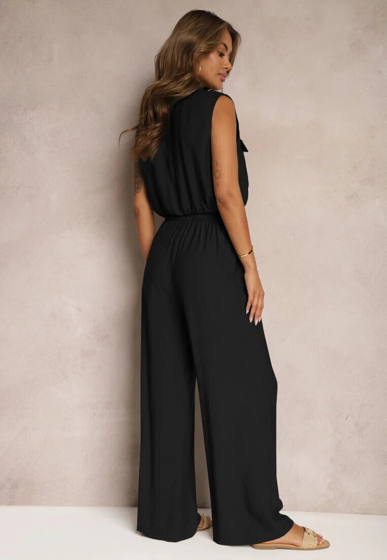 allyson Set Negru din Viscoză Pantaloni cu croială largă cu elastic în talie Bluză cu buzunare Risellesma
