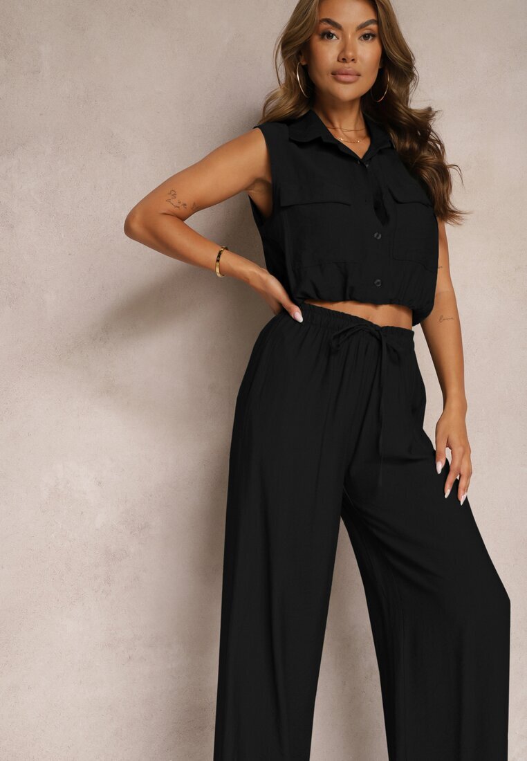 allyson Set Negru din Viscoză Pantaloni cu croială largă cu elastic în talie Bluză cu buzunare Risellesma