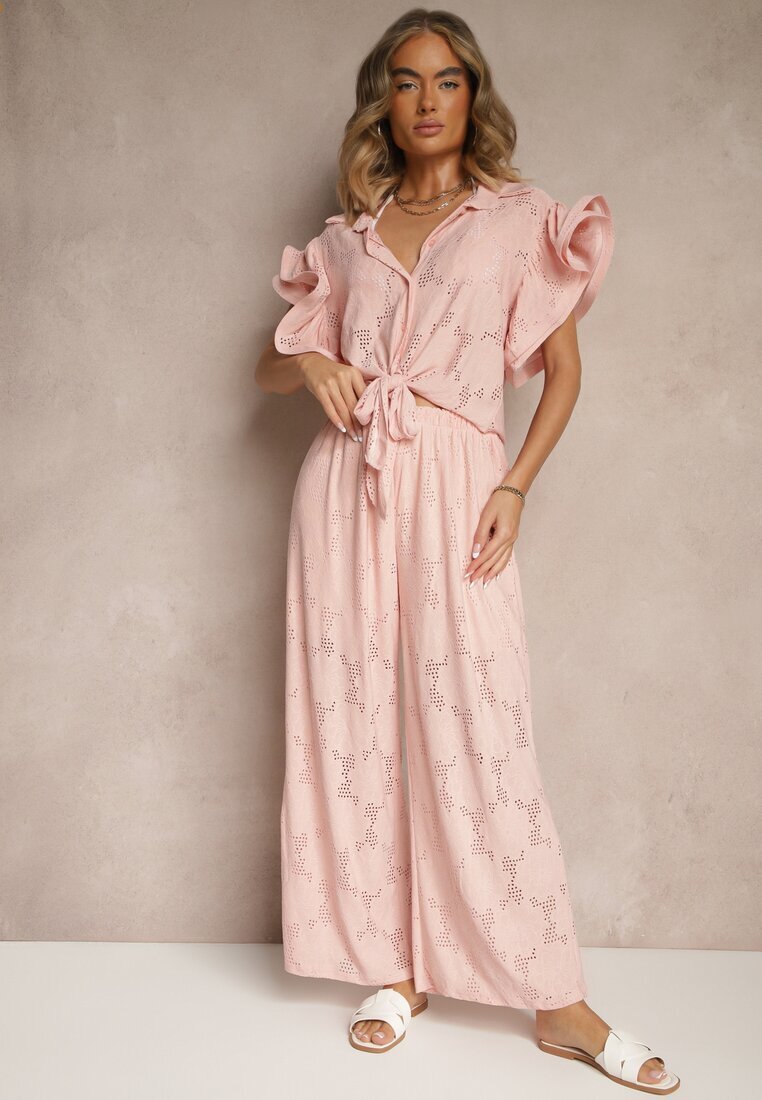 allyson Set Roz Ajurat Bluză stil cămașă și Pantaloni cu picior larg Linaniria
