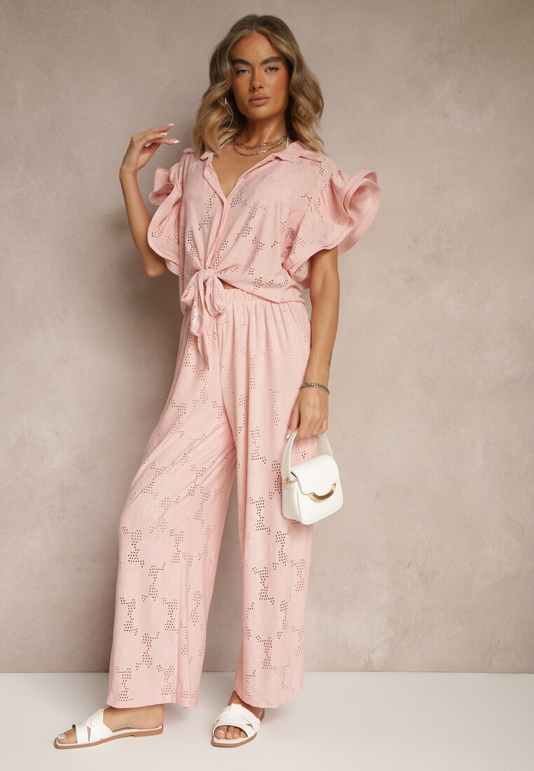 allyson Set Roz Ajurat Bluză stil cămașă și Pantaloni cu picior larg Linaniria