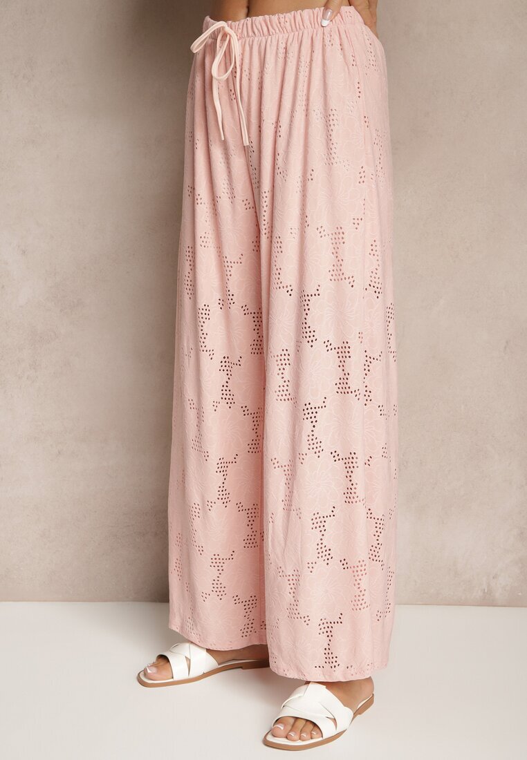 allyson Set Roz Ajurat Bluză stil cămașă și Pantaloni cu picior larg Linaniria