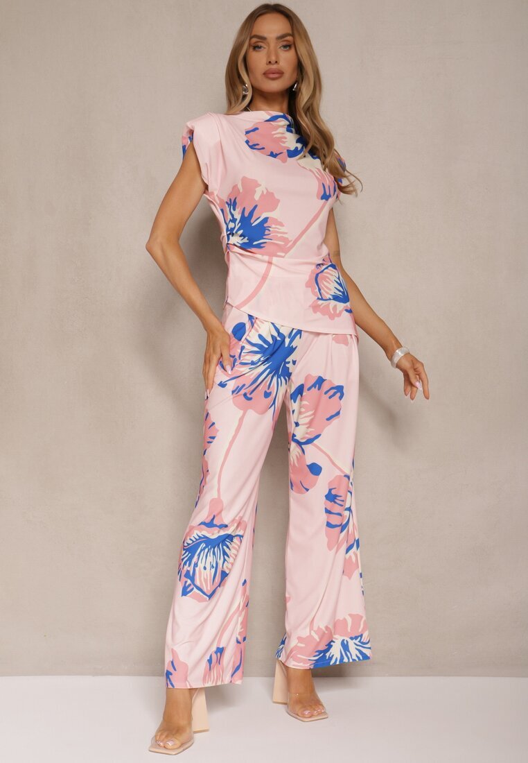 allyson Set Roz Bluză încrețită cu Croi Asimetric și Pantaloni Largi cu Flori Linidia