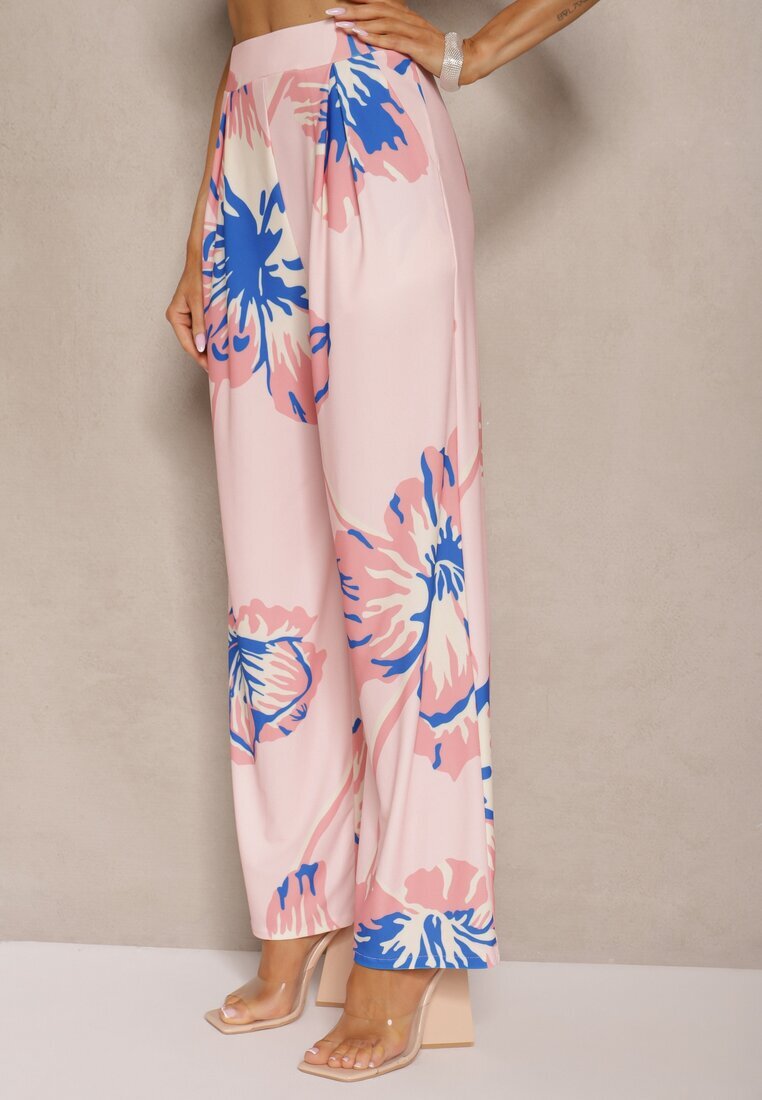 allyson Set Roz Bluză încrețită cu Croi Asimetric și Pantaloni Largi cu Flori Linidia
