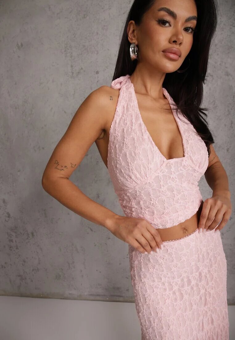 allyson Set Roz din Dantelă Fustă și Top cu Legătură la Gât Dainetia