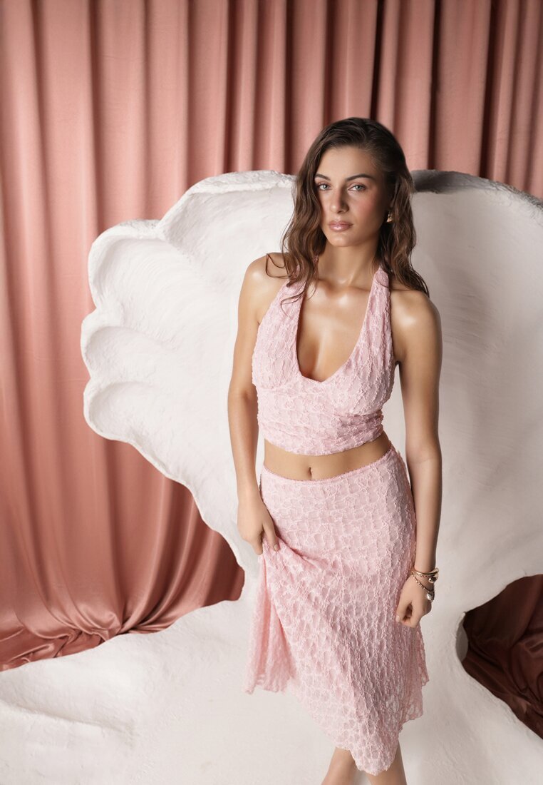 allyson Set Roz din Dantelă Fustă și Top cu Legătură la Gât Dainetia