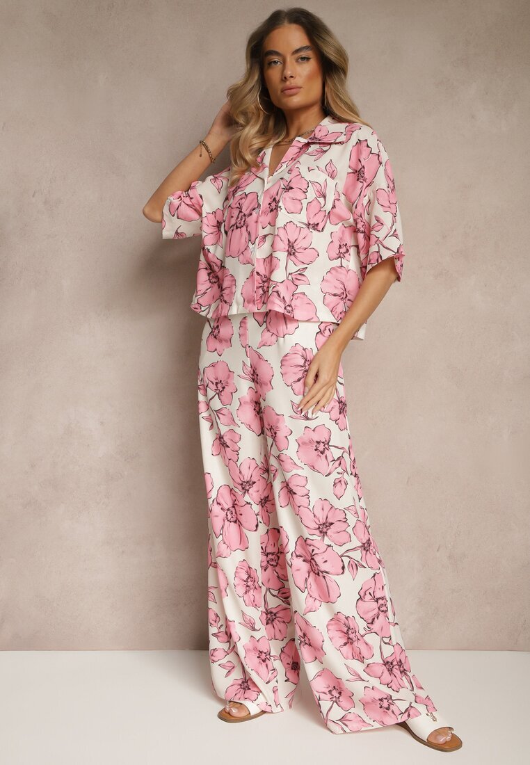allyson Set Roz Floral Cămașă cu Mânecă Scurtă și Pantaloni Largi Revanae