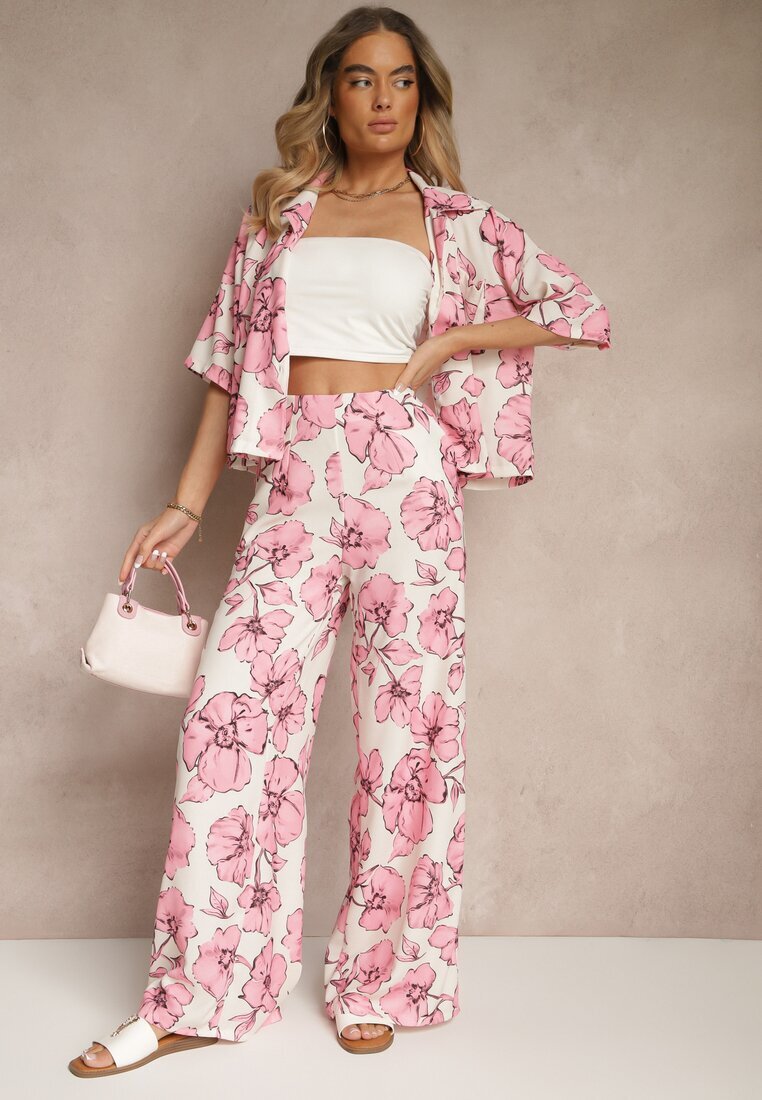allyson Set Roz Floral Cămașă cu Mânecă Scurtă și Pantaloni Largi Revanae