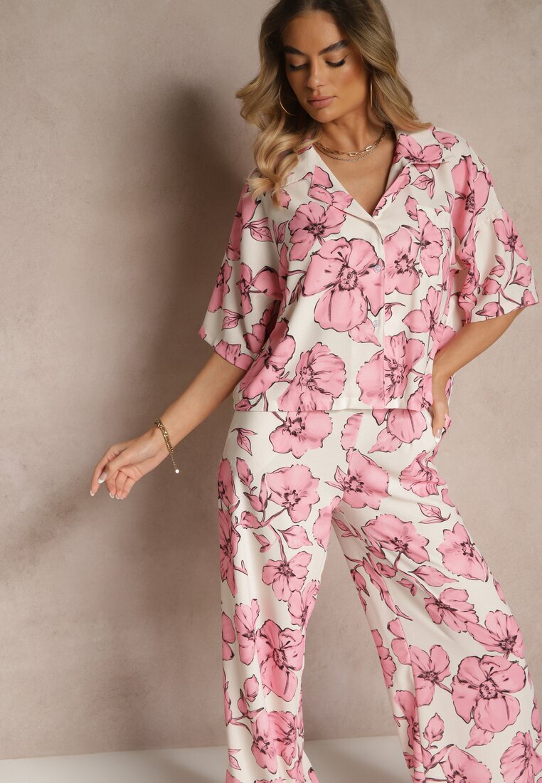 allyson Set Roz Floral Cămașă cu Mânecă Scurtă și Pantaloni Largi Revanae