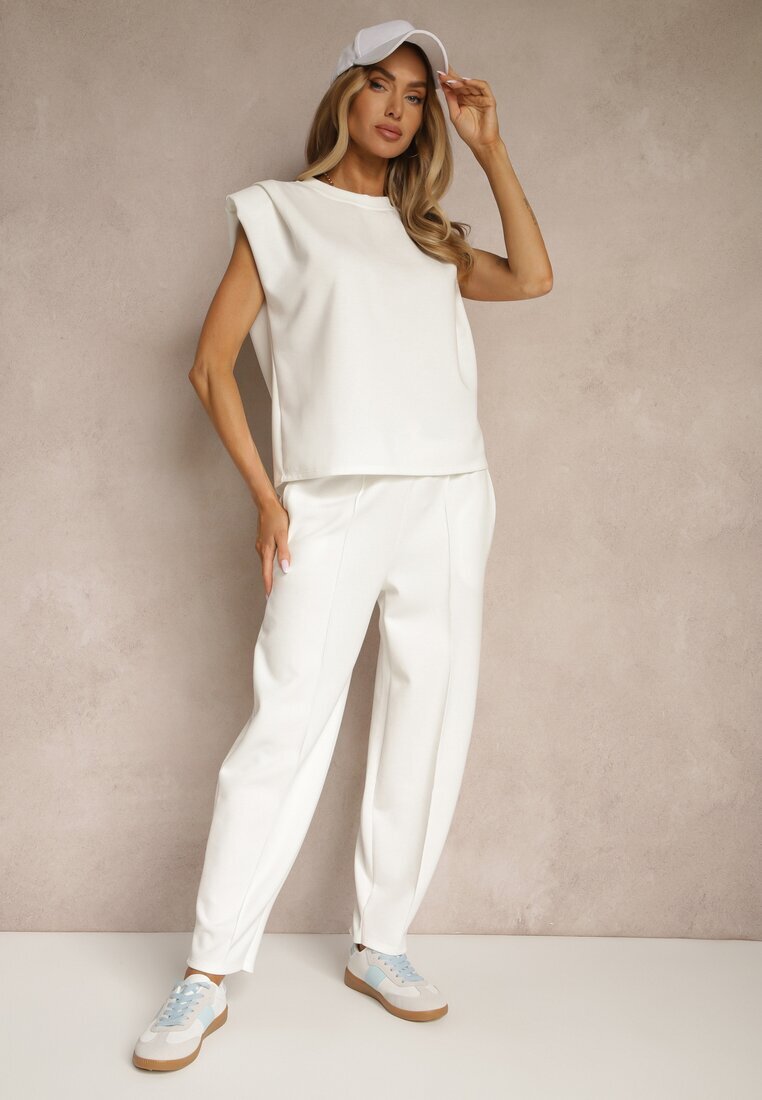 allyson Set Trening Alb cu Viscoză Pantaloni cu Șnur Decorativ și Top Nitunela