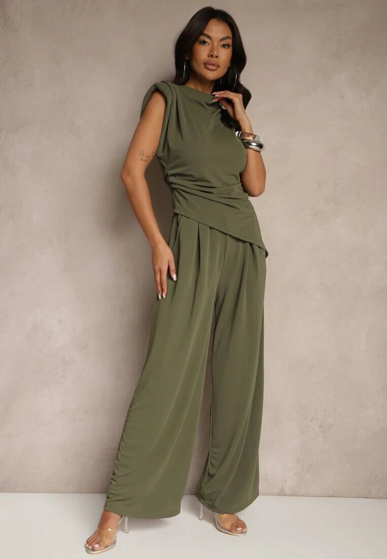 allyson Set Verde închis Bluză cu pernuțe la umeri și Pantaloni drepți cu elastic în talie Divanes