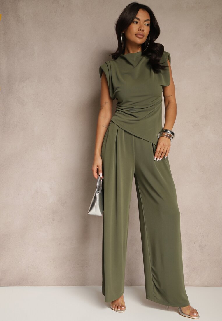allyson Set Verde închis Bluză cu pernuțe la umeri și Pantaloni drepți cu elastic în talie Divanes
