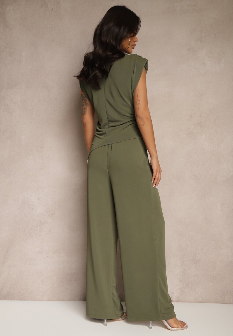 allyson Set Verde închis Bluză cu pernuțe la umeri și Pantaloni drepți cu elastic în talie Divanes
