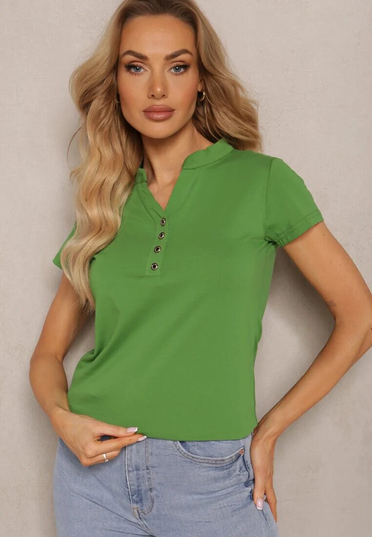 alnwick Tricou verde din bumbac cu nasturi la decolteu Wialina