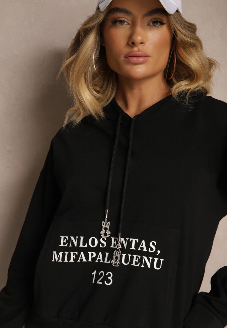ambitionfly Bluza Neagră cu Croi Clasic cu Glugă și Buzunar Firloti