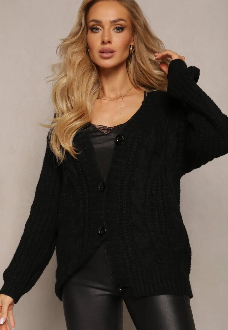 ambitionfly Cardigan Negru cu Mânecă Lungă și Model Împletit Încheiat cu Nasturi Relipma