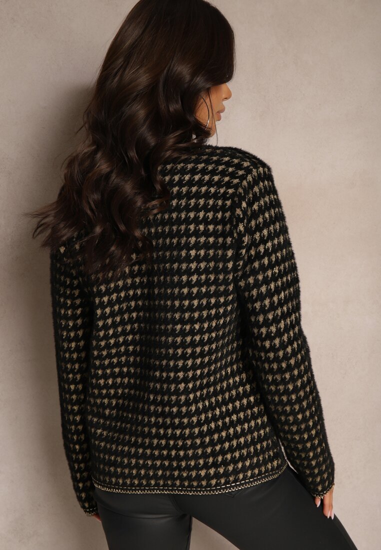 ambitionfly Cardigan Tweed Negru cu Model Elegant cu Nasturi Decorativi Zemirae