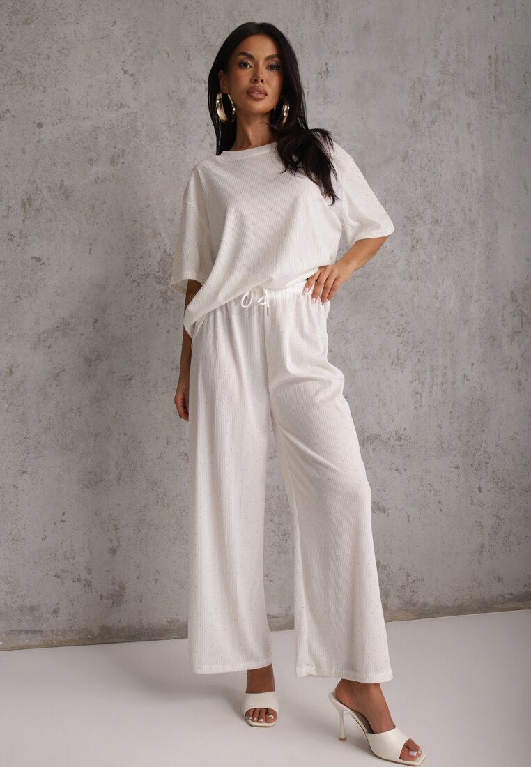 ambitionfly Compleu Oversize Alb Zdobit cu Pietre Tricou și Pantaloni Arnateia