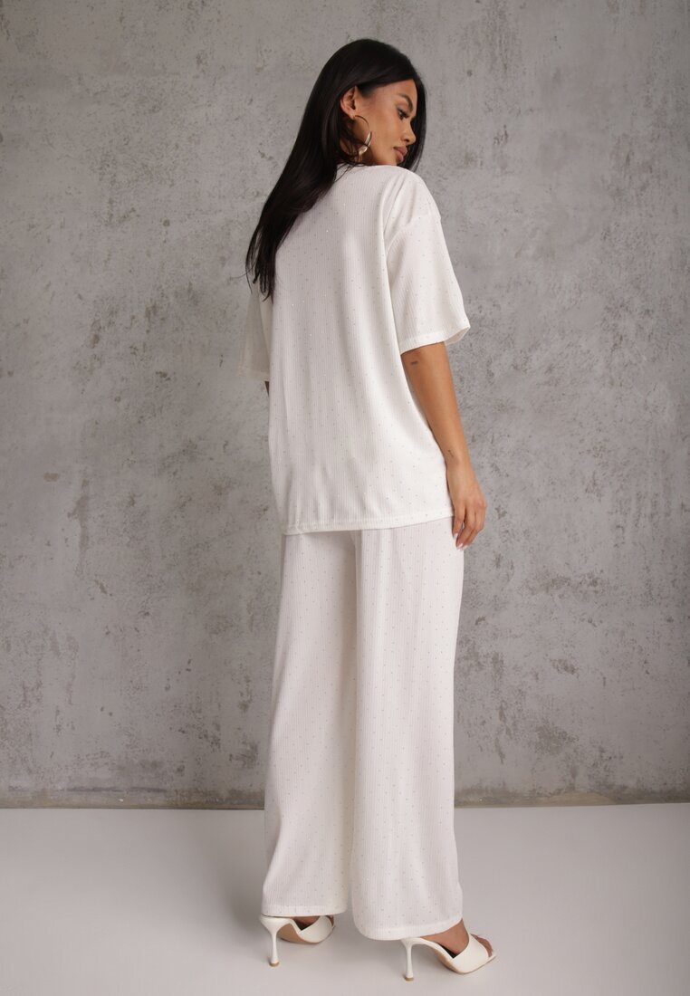 ambitionfly Compleu Oversize Alb Zdobit cu Pietre Tricou și Pantaloni Arnateia