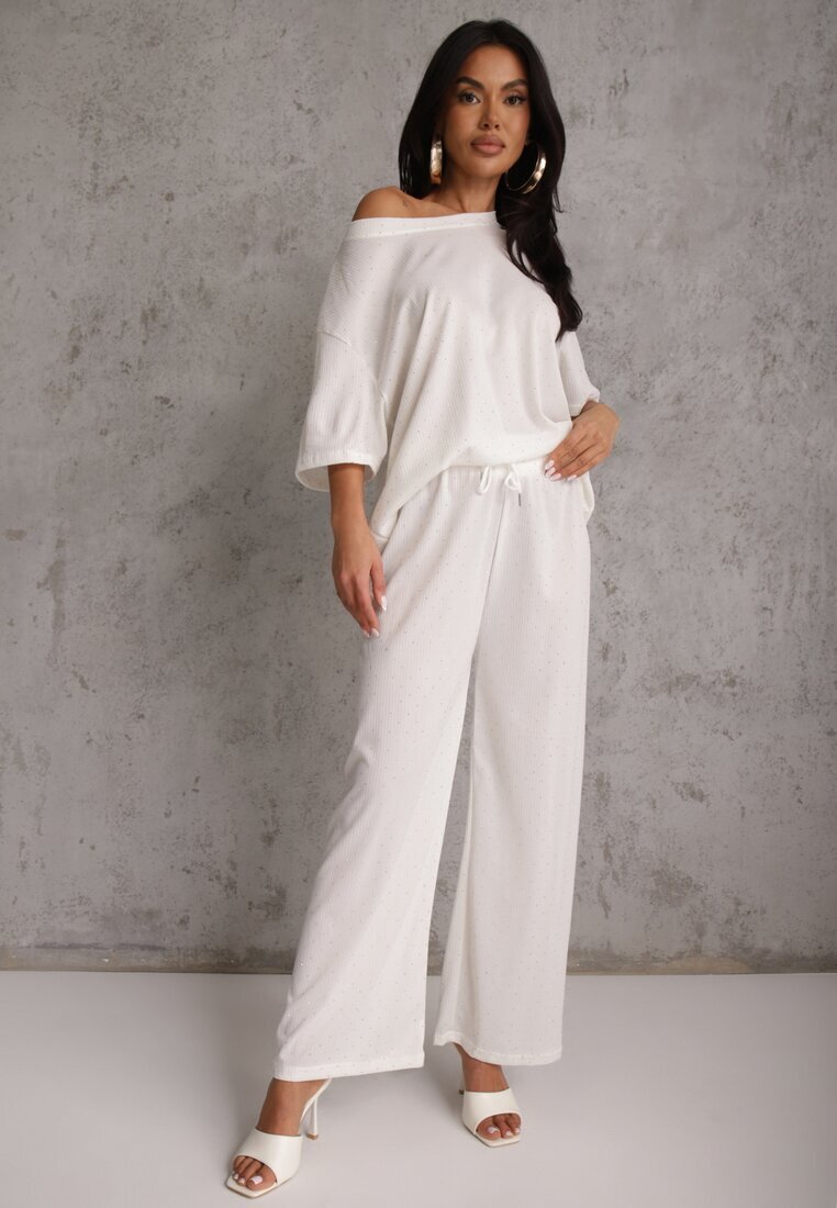 ambitionfly Compleu Oversize Alb Zdobit cu Pietre Tricou și Pantaloni Arnateia