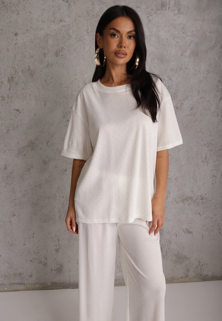 ambitionfly Compleu Oversize Alb Zdobit cu Pietre Tricou și Pantaloni Arnateia