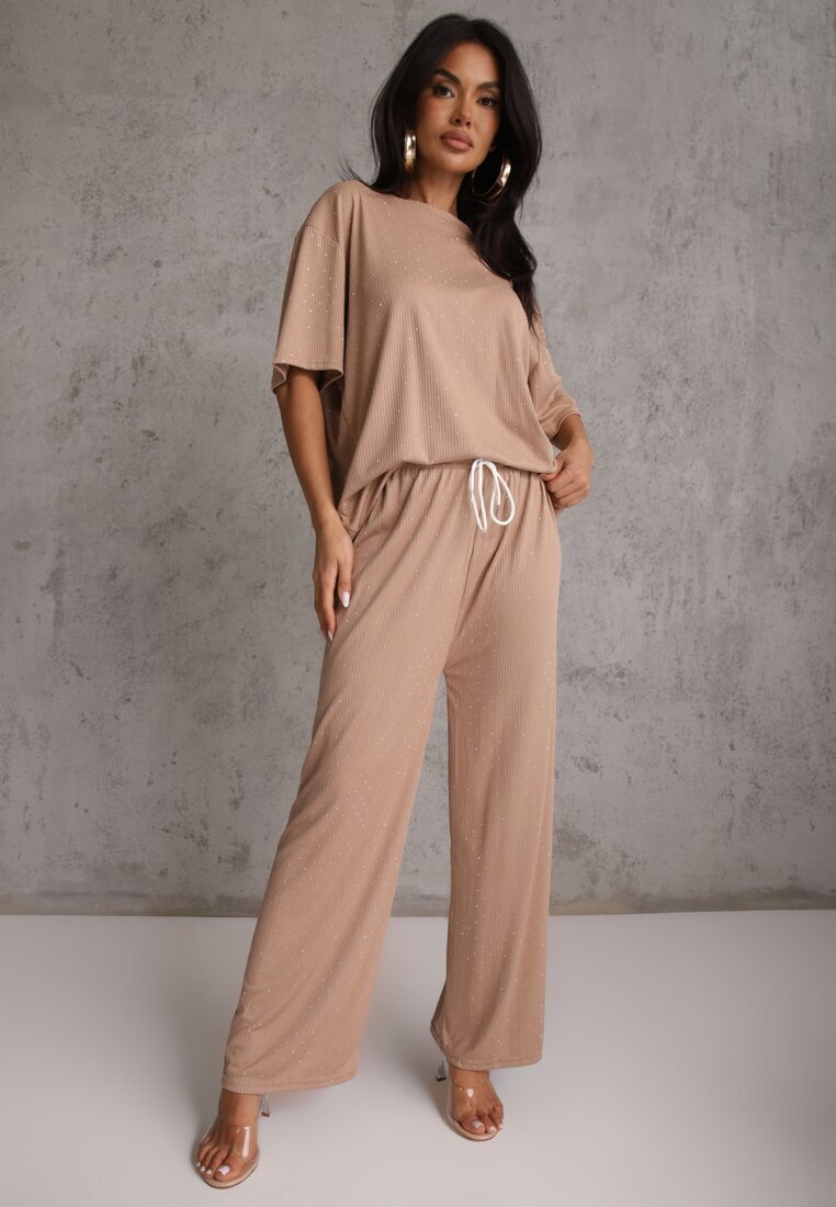 ambitionfly Compleu Oversize Bej Decorat cu Strassuri Tricou și Pantaloni Arnateia