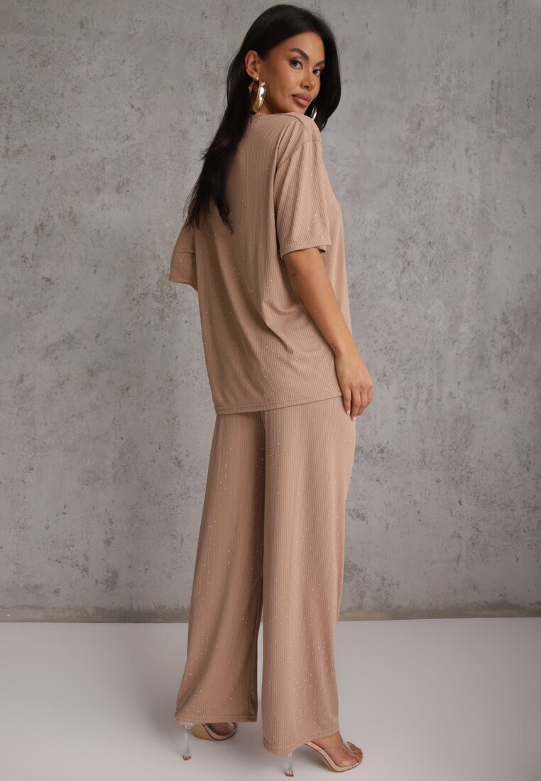 ambitionfly Compleu Oversize Bej Decorat cu Strassuri Tricou și Pantaloni Arnateia