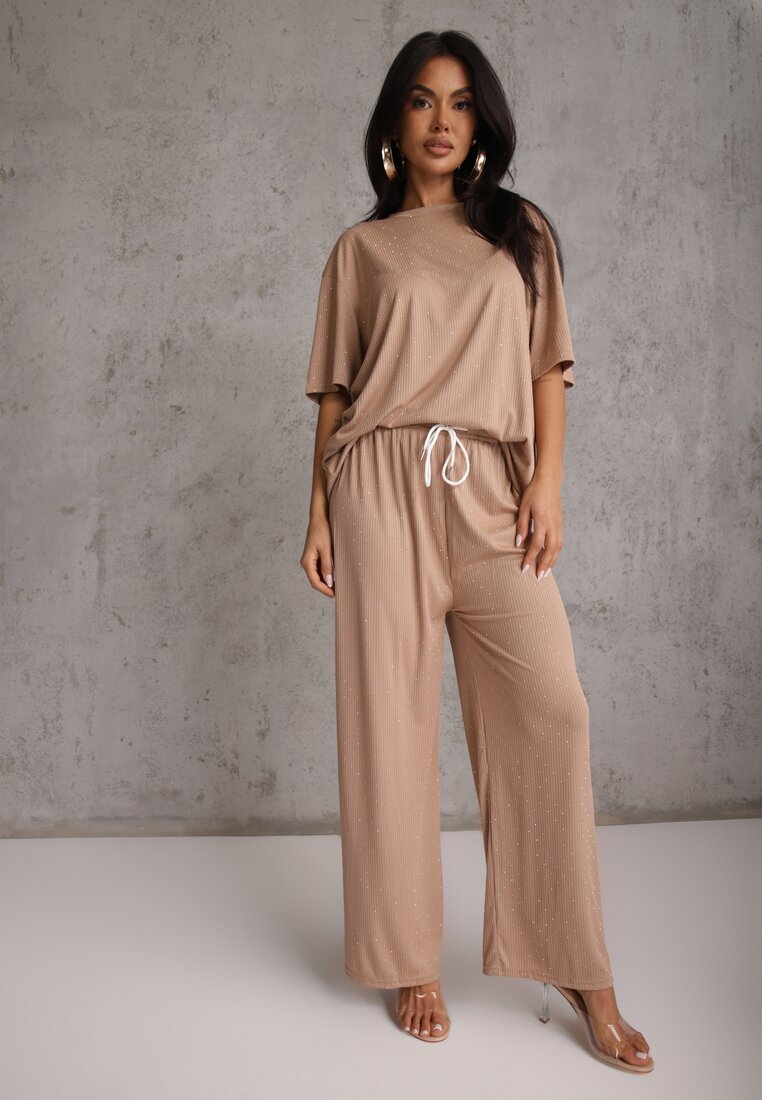 ambitionfly Compleu Oversize Bej Decorat cu Strassuri Tricou și Pantaloni Arnateia