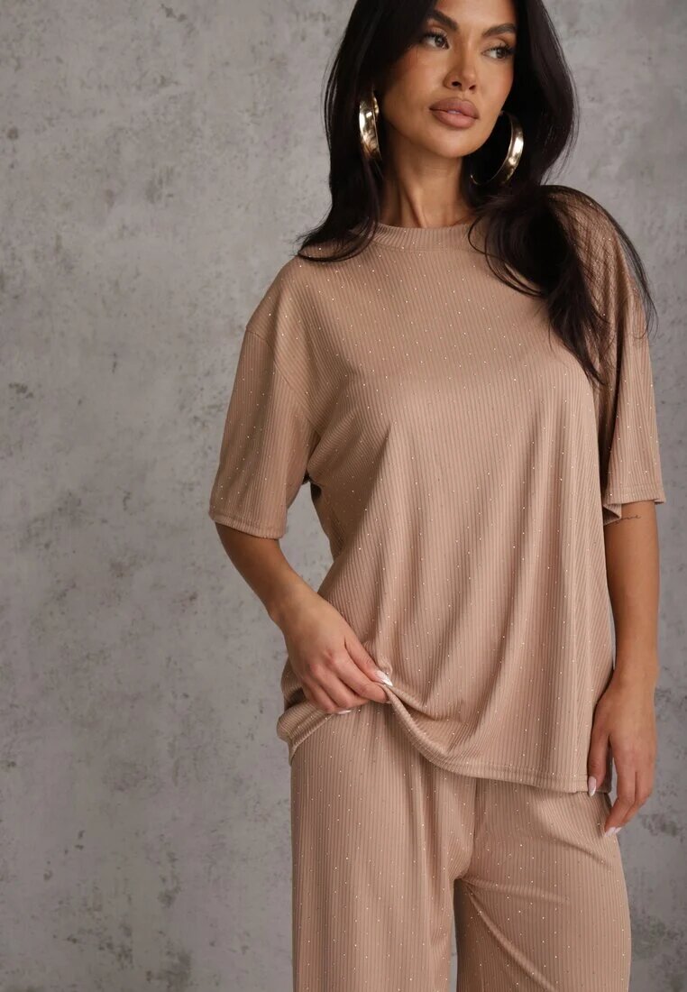 ambitionfly Compleu Oversize Bej Decorat cu Strassuri Tricou și Pantaloni Arnateia