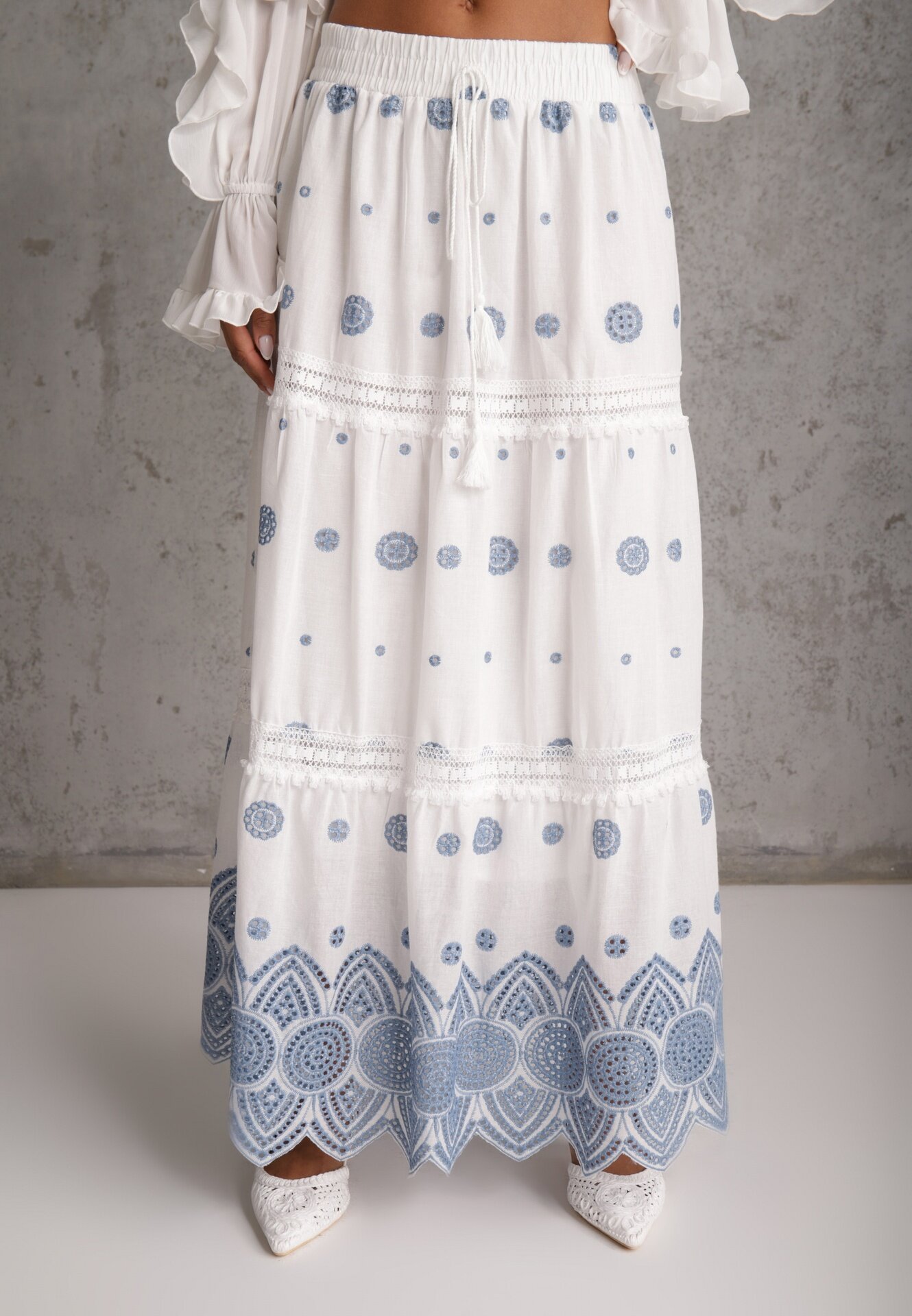 ambitionfly Fustă din bumbac Casual în stil Boho decorată cu decupaje și modele brodate Hermat Albastră