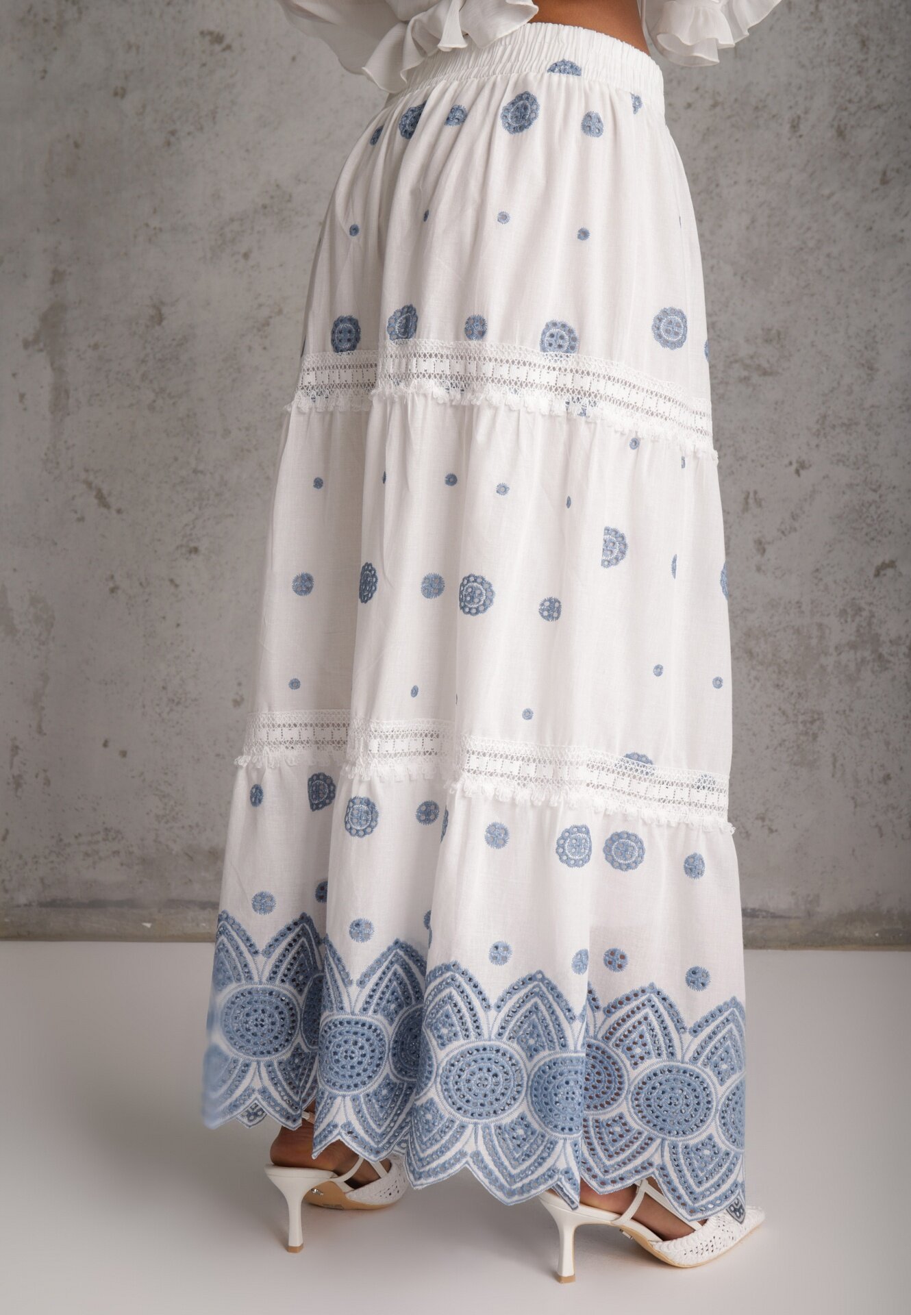 ambitionfly Fustă din bumbac Casual în stil Boho decorată cu decupaje și modele brodate Hermat Albastră