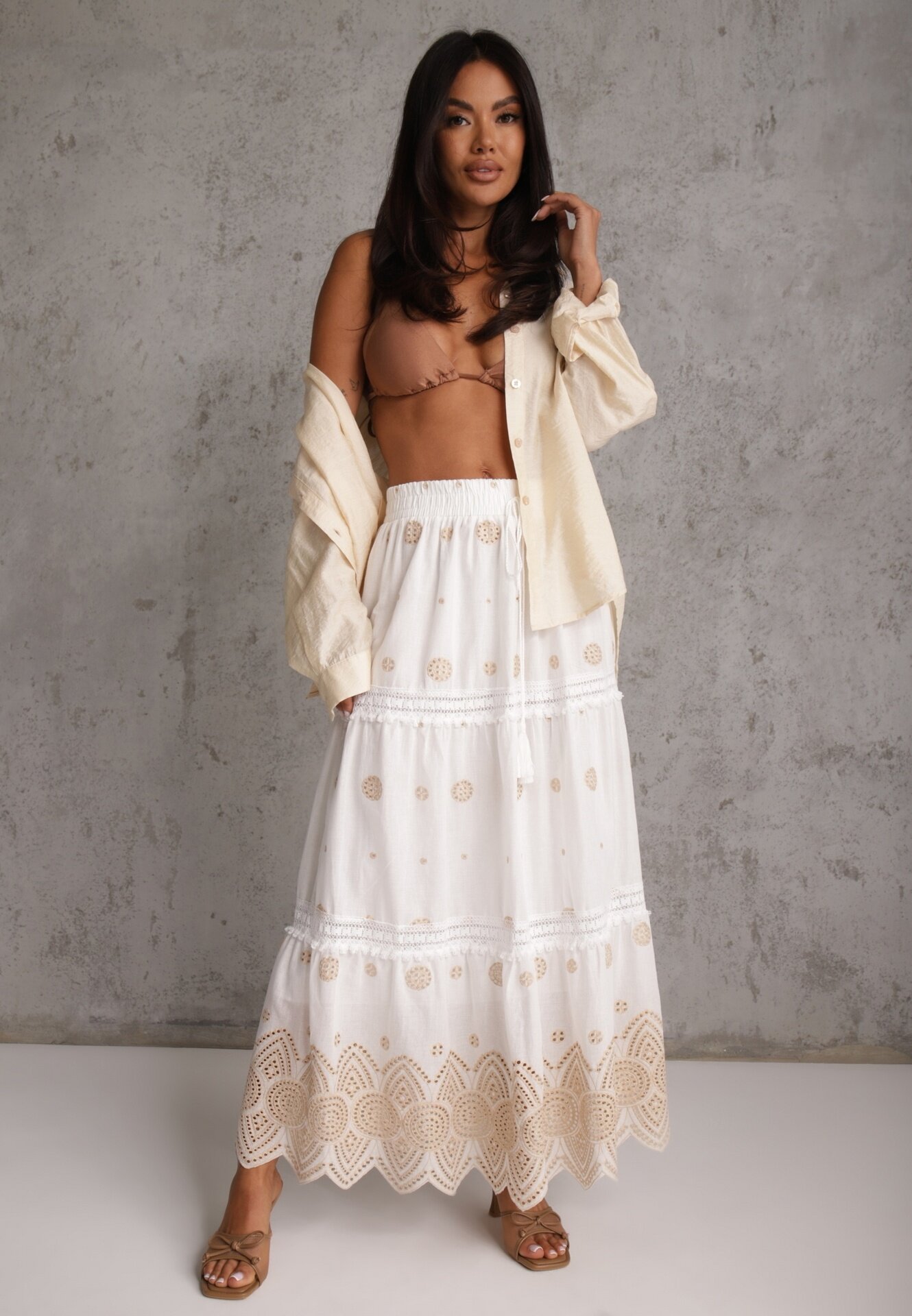 ambitionfly Fustă din bumbac Casual în stil Boho decorată cu decupaje și modele brodate Hermat Bej