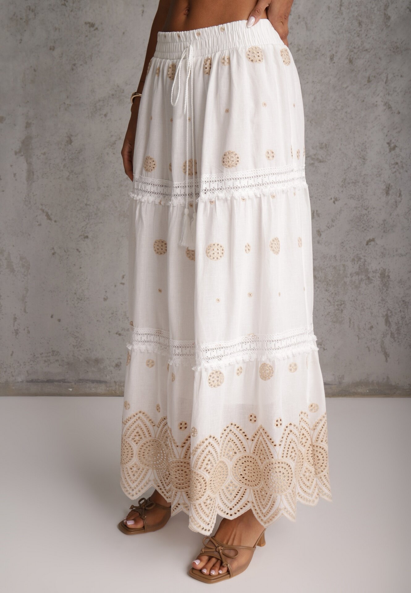 ambitionfly Fustă din bumbac Casual în stil Boho decorată cu decupaje și modele brodate Hermat Bej