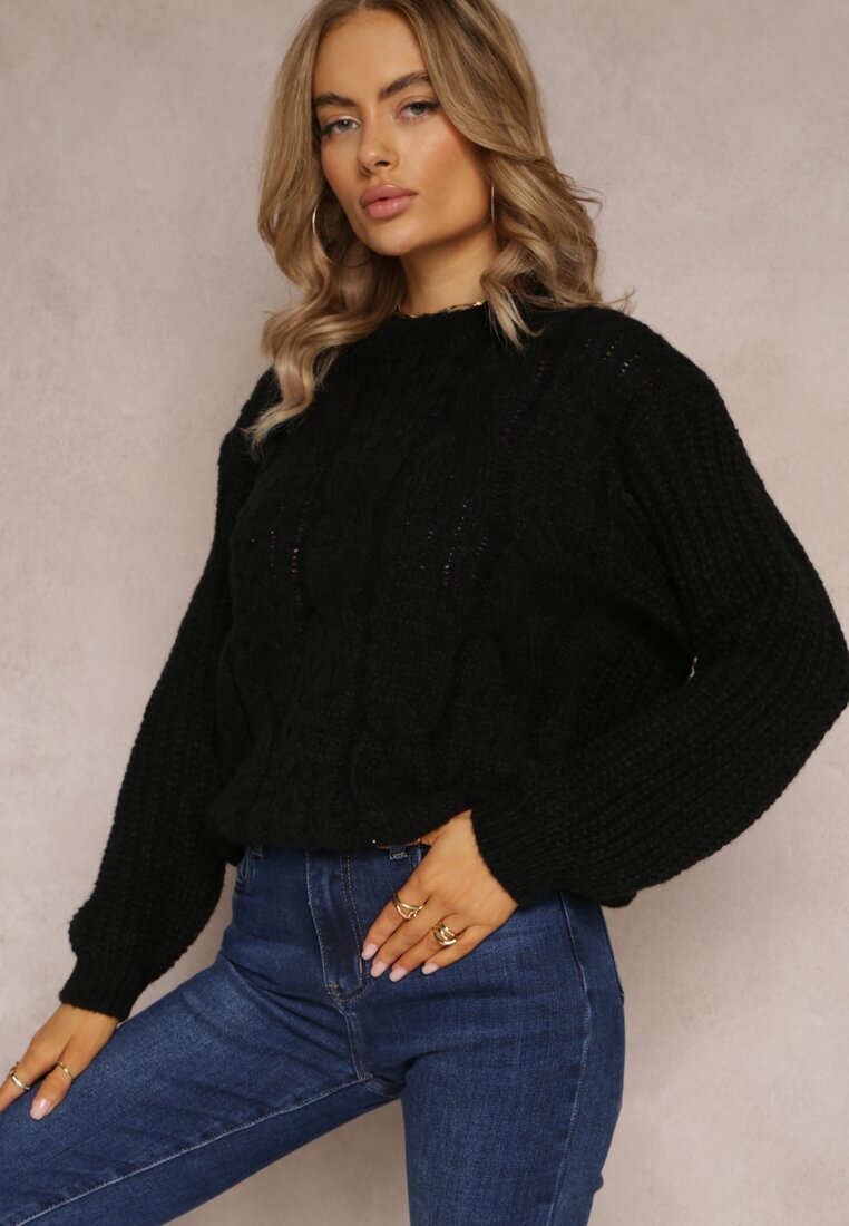 ambitionfly Pulover Negru cu Fason Clasic cu Împletitură Modernă Siloma