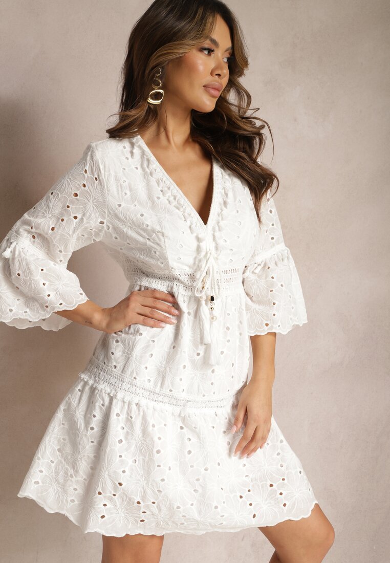 ambitionfly Rochie Albă de Bumbac cu Legătură la Decolteu și cu Model Ajurat Falrisa