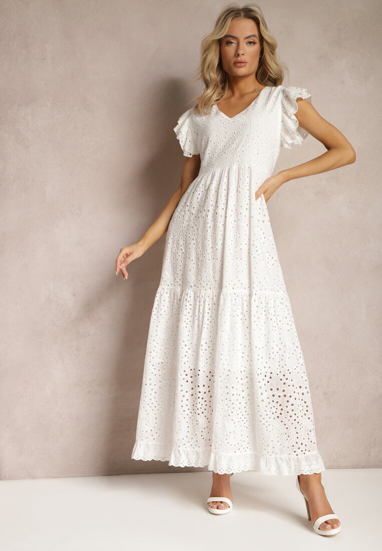 ambitionfly Rochie Albă Evazată din Bumbac Maxi cu Broderie Ajurată și Volane Reflecia