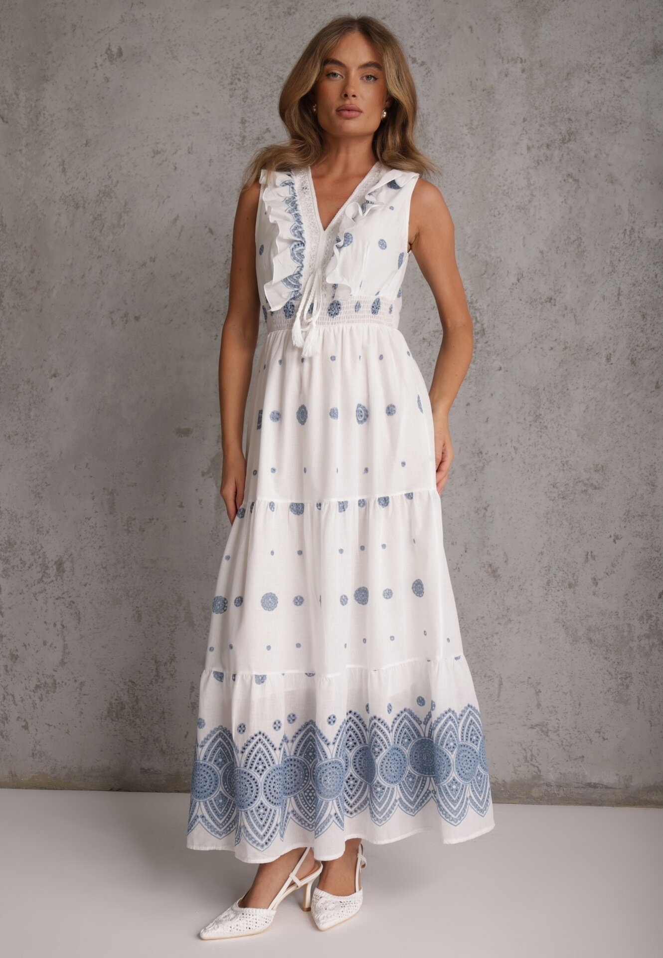 ambitionfly Rochie de vară Boho din bumbac cu broderie în modele și volănaș Alemite Albastră